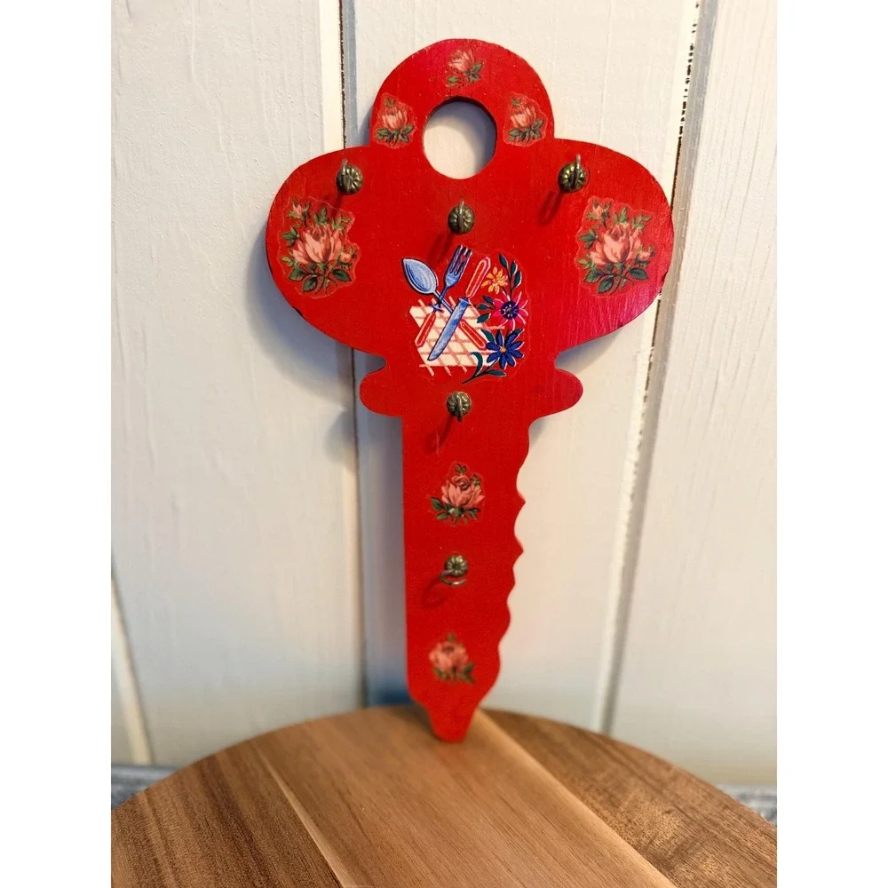 Vintage Red Wooden Key Rack Mid Century Kitchen Decor Kitsch Cottagecore